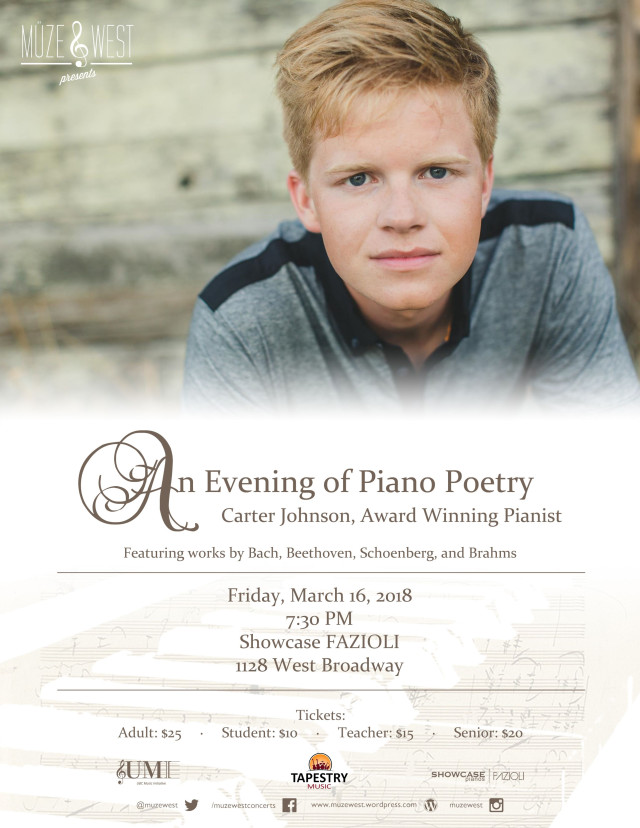 Dessert and award-winning pianist Carter Johnson in concert (by donation!)