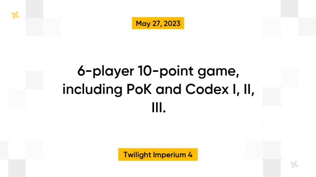 6-player 10-point game, including PoK and Codex I, II, III.